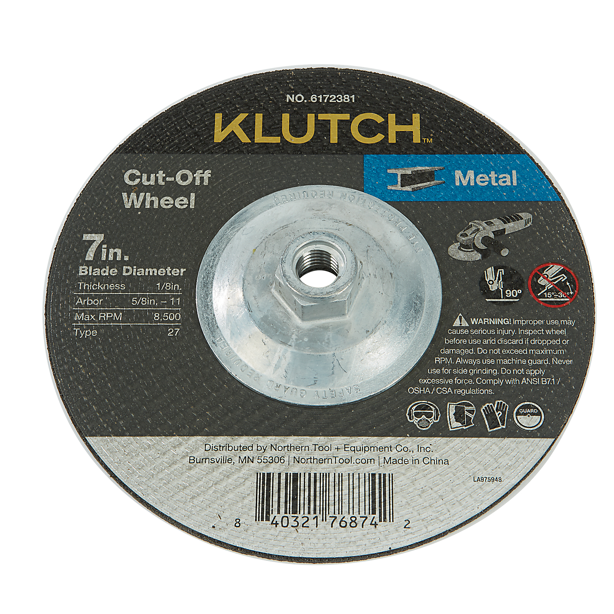 Klutch Metal Cutoff Wheel, 7in. x 1/8in. x 5/8in.-11, 8500 RPM, Type 27